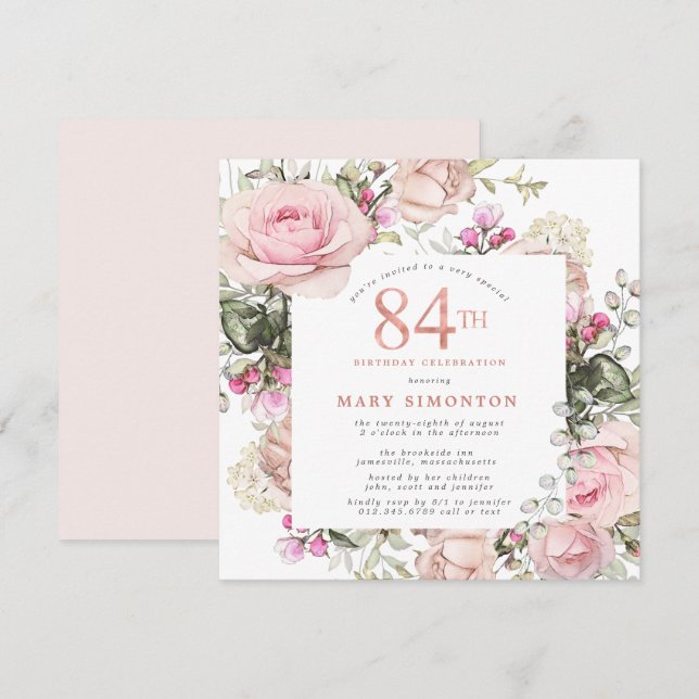 Invitation Rose rose pâle Carré 84e fête d'anniversaire (Devant / Derrière)