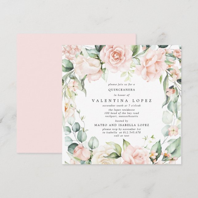 Invitation Rose rose pâle Carré Floral Quinceanera (Devant / Derrière)