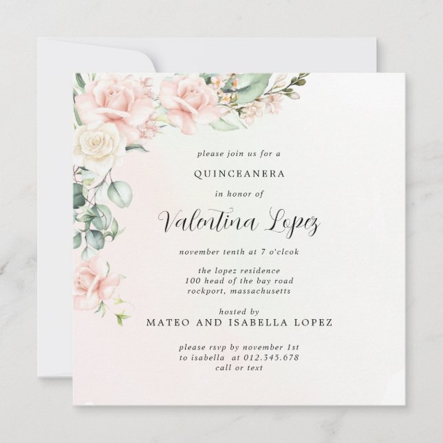 Invitation Rose rose pâle Carré Floral Quinceanera (Devant)