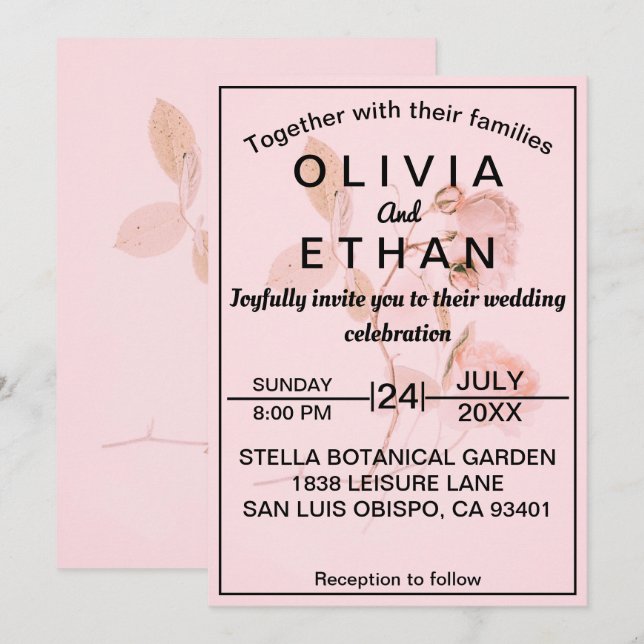 Invitation Rose rose pâle Chic Mariage floral d'été (Devant / Derrière)