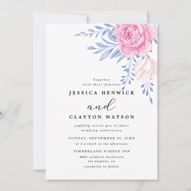 Invitation Rose rose pâle Floral Dusty Blue Feuille Mariage (Devant)