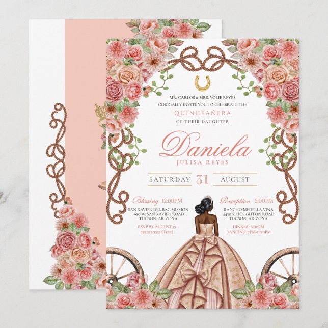 Invitation Rose rose pâle or élégant Charro Quinceanera (Devant / Derrière)