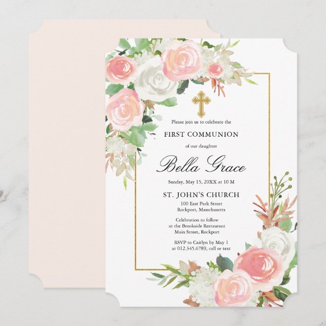 Invitation Rose rose pâle Rose Floral Première Communion Sain (Devant / Derrière)