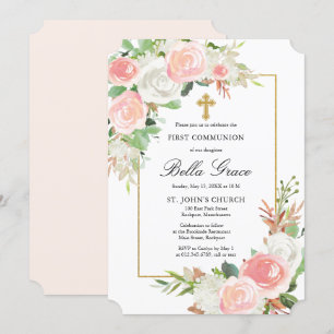 Invitation Rose rose pâle Rose Floral Première Communion Sain