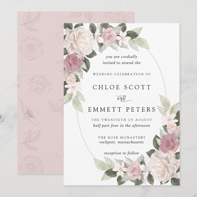 Invitation Rose rose pâle Rose Mariage Floral (Devant / Derrière)