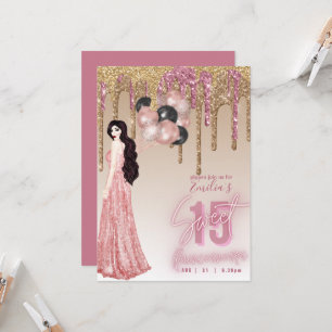 Invitation Rose Rose Parties scintillant or Quinceanera Brune