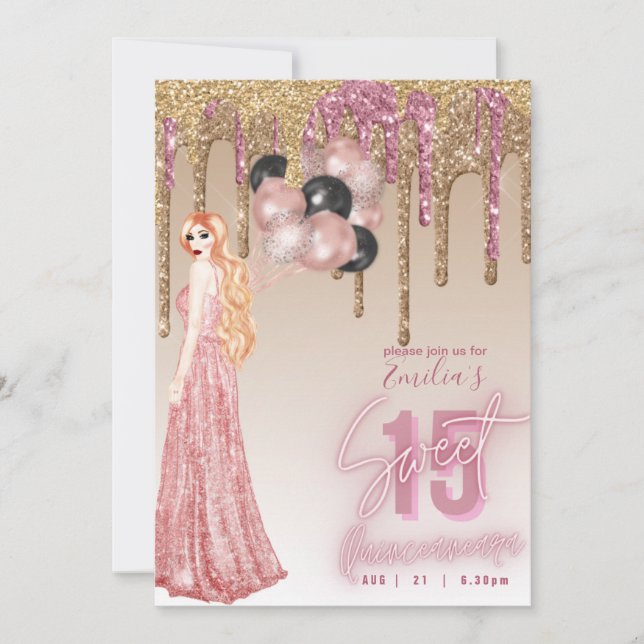 Invitation Rose Rose Parties scintillant or Quinceanera Red H (Devant)