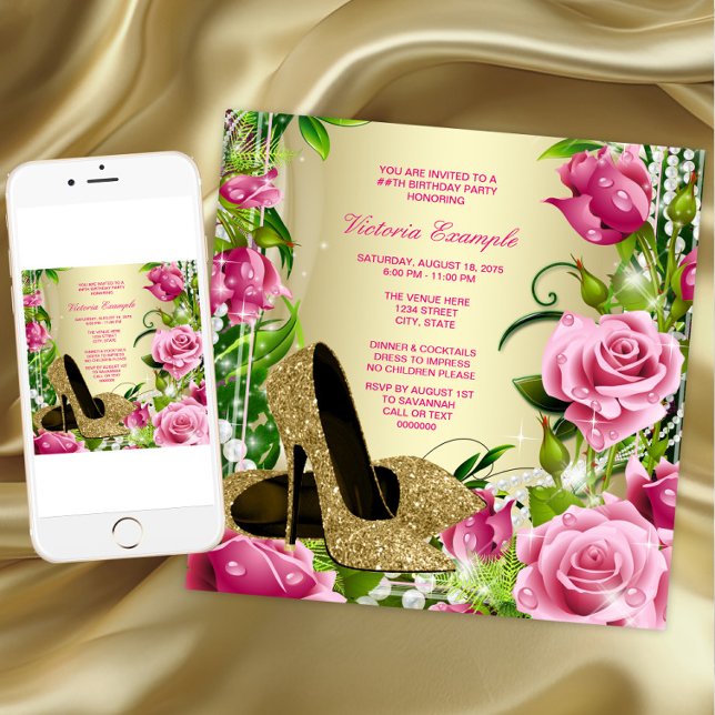 Invitation Rose Rose Pearl Or talon haute chaussure Anniversa (Womans gold high heel shoes birthday party invitation. Any number or event. Download and printed.)