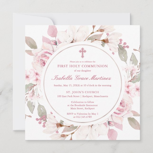 Invitation Rose rose Peony Floral Première Communion Sainte (Devant)