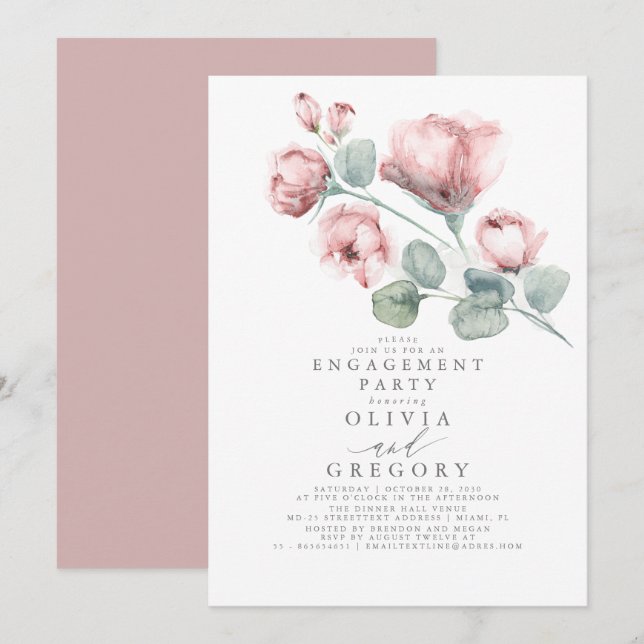 Invitation Rose rose poussiéreux Floral Élégant parti d'engag (Devant / Derrière)