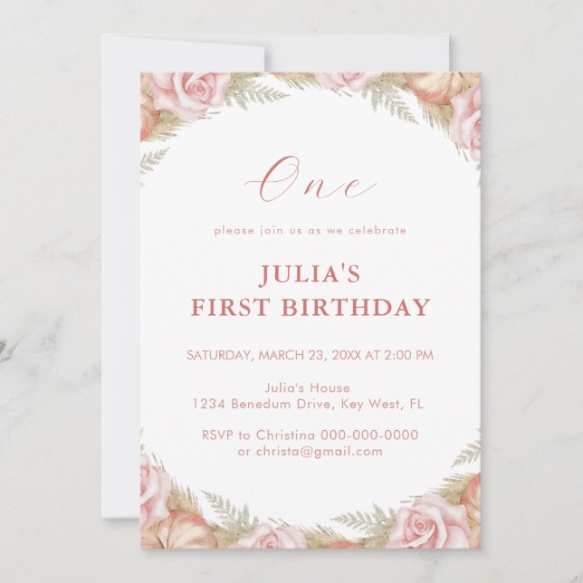Invitation Rose rose Premier anniversaire (Devant)