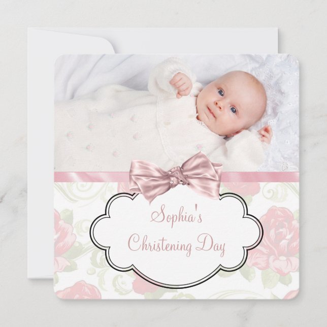 Invitation Rose Rose Rose Baby Girl Photo Christening (Devant)