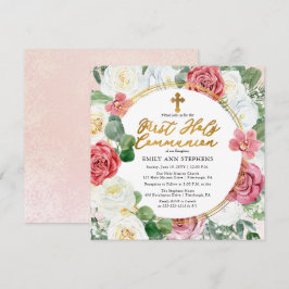 Invitation Rose rose rose | Cadre Floral Or Première Communio
