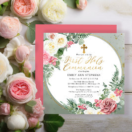 Invitation Rose rose rose | Cadre Floral Or Première Communio