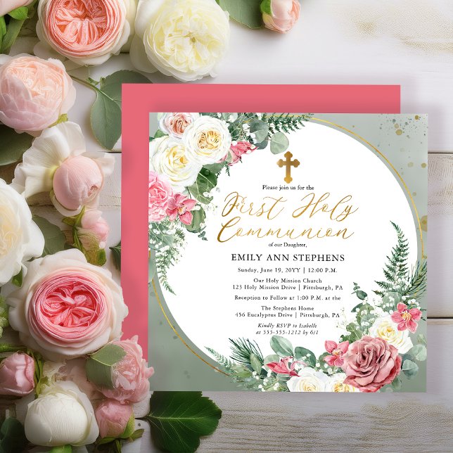 Invitation Rose rose rose | Cadre Floral Or Première Communio (Elegant Pink Rose and Gold Tone Frame Girl First Holy Communion Invitation -Print | Digital Download)