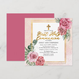 Invitation Rose rose rose |Cadre Floral Or Première Communion