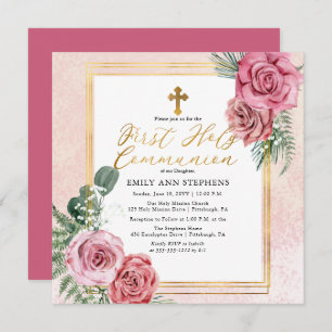 Invitation Rose rose rose  Cadre Floral Or Première Communion