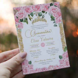 Invitation Rose rose rose et or décoratif élégant Quinceanera