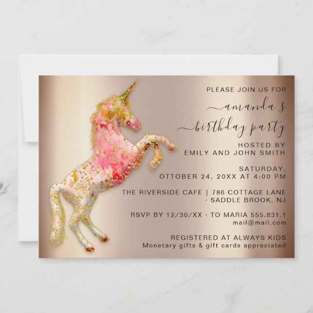 Invitation Rose Rose Rose Gold Parties scintillant Unicorn Ho (Devant)