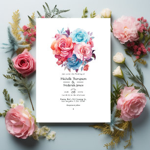 Invitation Rose rose, rose pâle, turquoise et Mariage bleu
