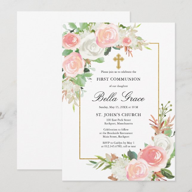 Invitation Rose Rose Rose Rose Rose Floral Première Communion (Devant / Derrière)