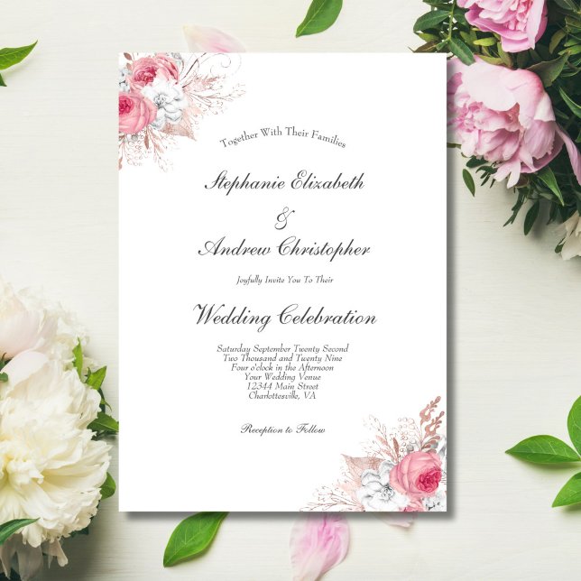 Invitation Rose Rose Rose Rose Rose Or Mariage botanique Flor (Pink White Rose Gold Floral Elegant Wedding Invitation)