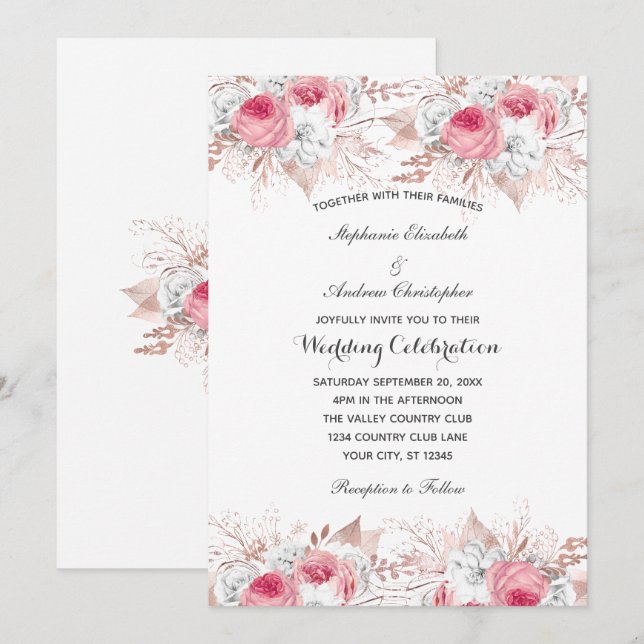 Invitation Rose Rose Rose Rose Rose Or Mariage botanique Flor (Devant / Derrière)