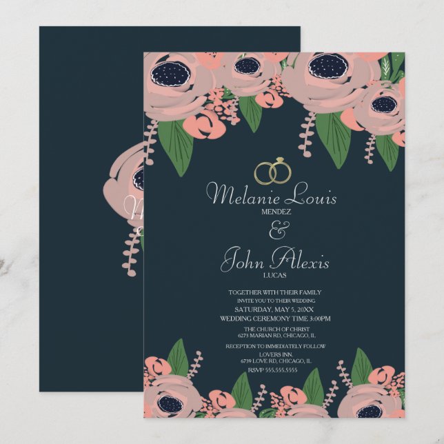 Invitation Rose rose rose rose vierge de verdure Mariage bota (Devant / Derrière)