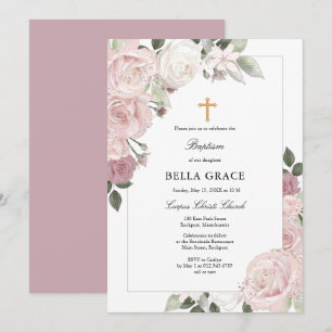 Invitation Rose rose rose rousse Rustique Floral Baptême Invi