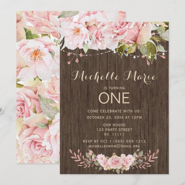 Invitation Rose rose rose Russe Lumière Premier anniversaire (Devant / Derrière)