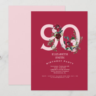 Invitation Rose & Rose rouge Elégante 90e fête d'anniversaire