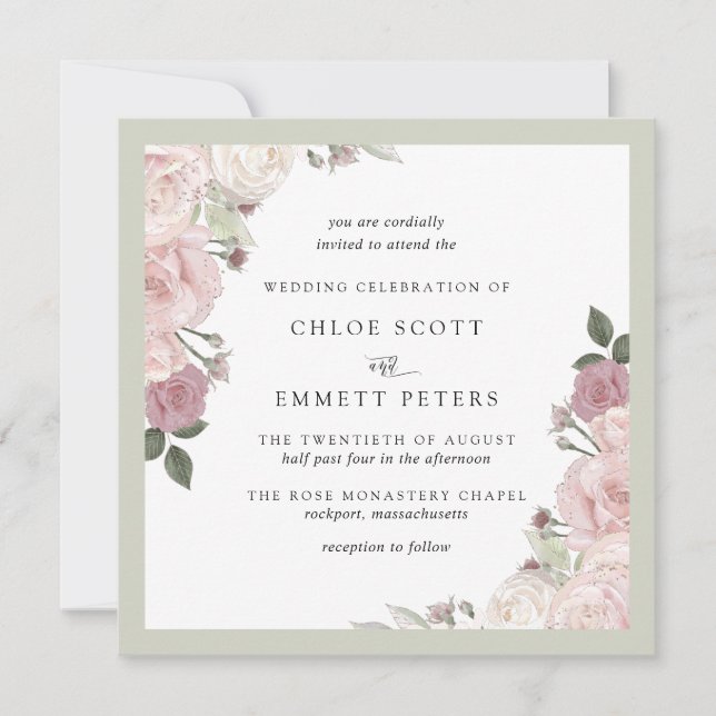 Invitation Rose rose rousse Rustique Mariage floral (Devant)