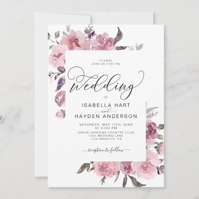 Invitation Rose rose roux rousse Aquarelle Mariage floral (Devant)