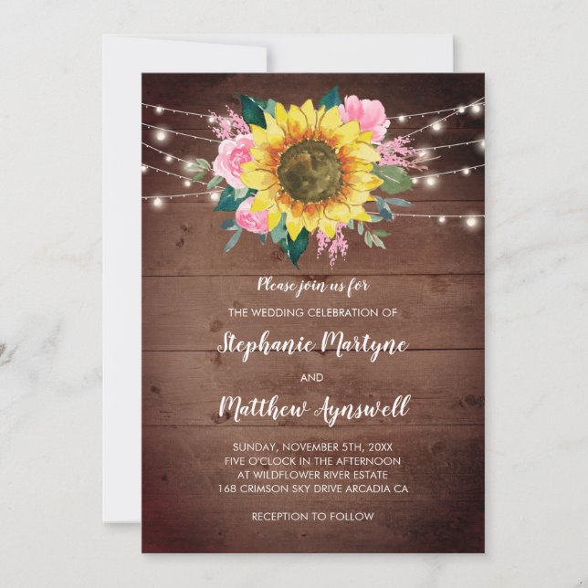 Invitation Rose rose tournesol Lumières Florales Mariage bois (Devant)