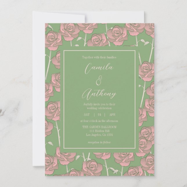 Invitation Rose rose verte Retro Y2K les années 70 Motif de f (Devant)