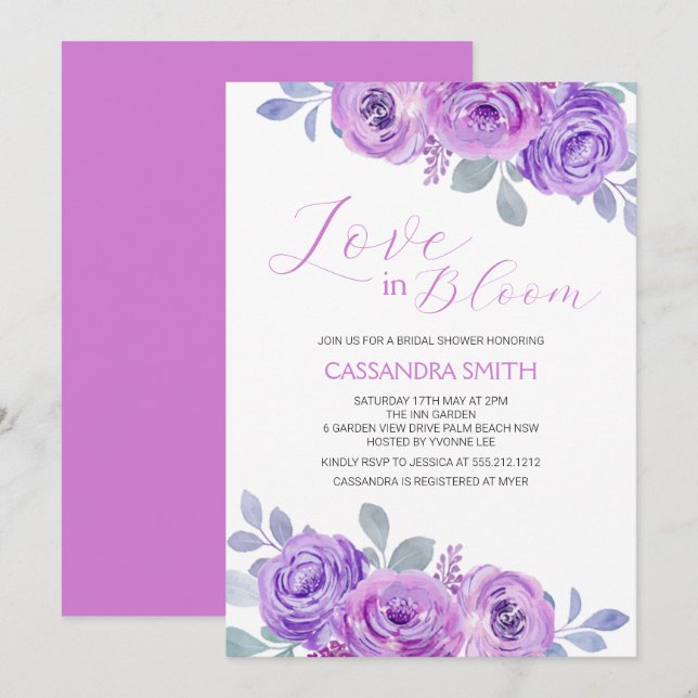 Invitation Rose rose violet Fête des mariées florale (Devant / Derrière)