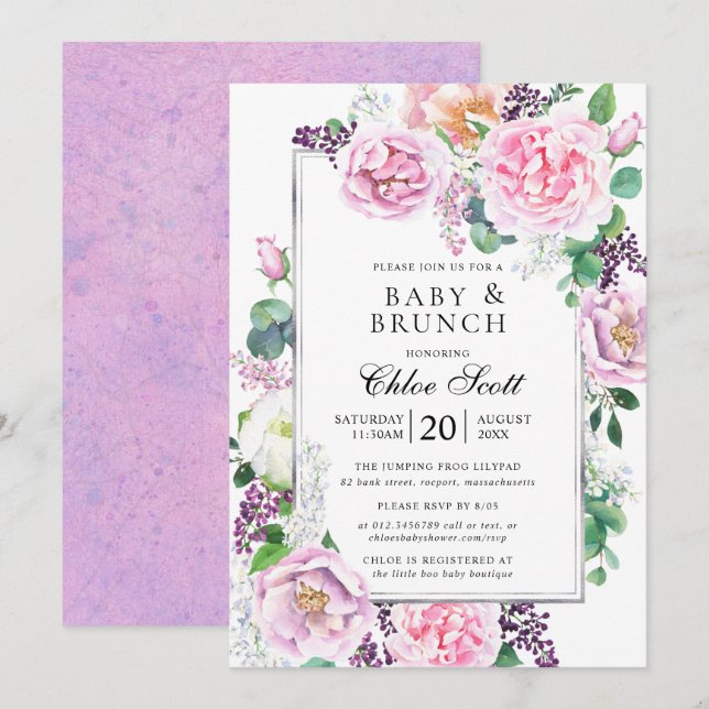 Invitation Rose rose violet Peony Floral Baby Brunch (Devant / Derrière)