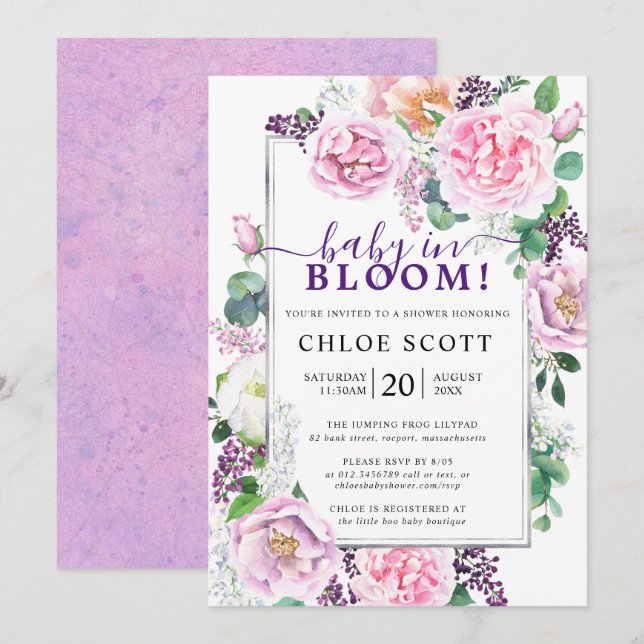 Invitation Rose rose violet Peony Floral bébé en fleurs (Devant / Derrière)