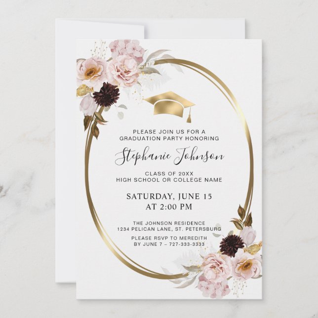 Invitation Rose Roses Gold Metallic Graduation Party (Devant)