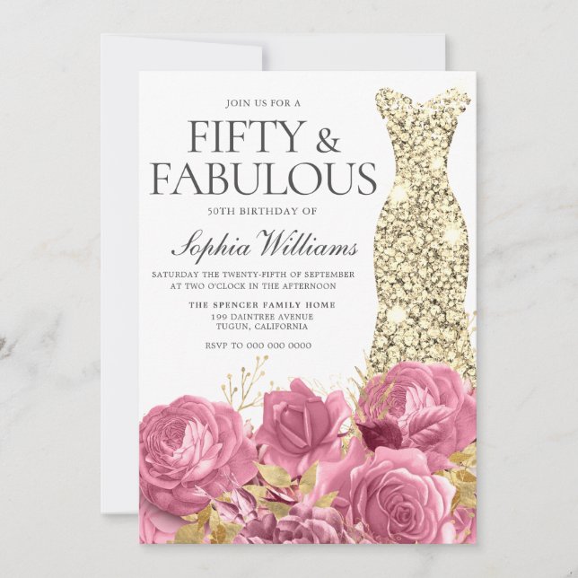 Invitation Rose Roses Golden Gown 50e fête d'anniversaire (Devant)