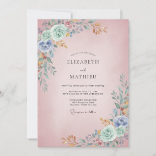 Invitation Rose Rouge Aqua Ranunculus Eucalyptus Mariage