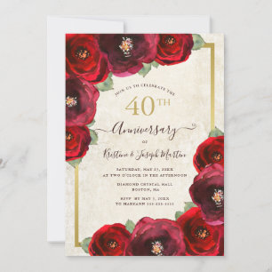 Invitation Rose rouge Aquarelle or floral 40e anniversaire