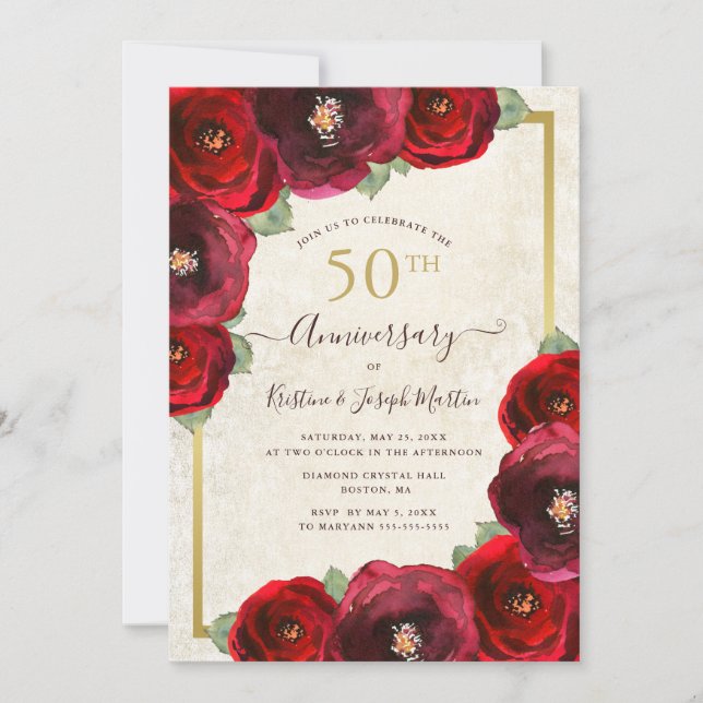 Invitation Rose rouge Aquarelle or floral 50e anniversaire (Devant)