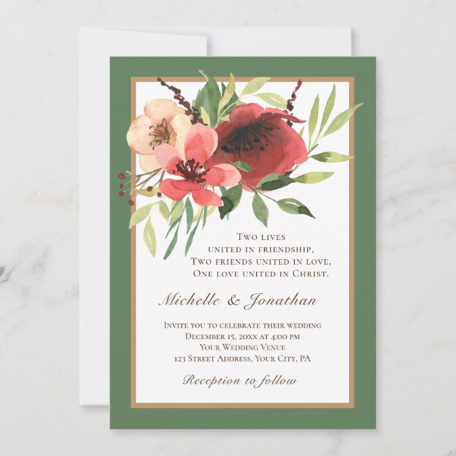Invitation Rose rouge bleu flou aquarelle Mariage chrétien (Devant)