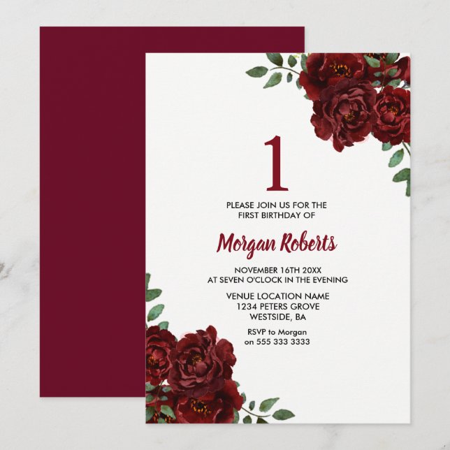 Invitation Rose rouge Bourgogne fille 1er anniversaire Invita (Devant / Derrière)