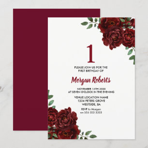 Invitation Rose rouge Bourgogne fille 1er anniversaire Invita