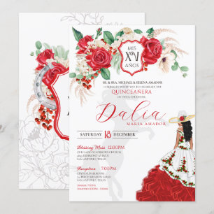 Invitation Rose rouge Crest Floral Elegant Charra Quinceañera