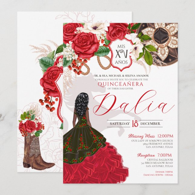 Invitation Rose rouge Crest Floral Ouest Cowboy Charro Quince (Devant / Derrière)