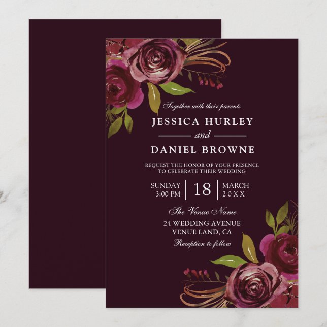 Invitation Rose rouge de Bourgogne Floral Printemps automne M (Devant / Derrière)