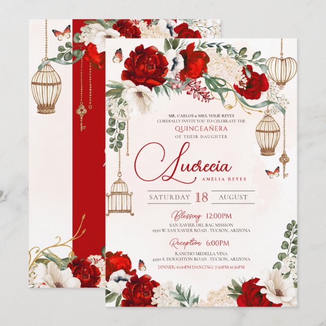 Invitation Rose Rouge Élégant Botanique Papillon Quinceañera (Devant / Derrière)